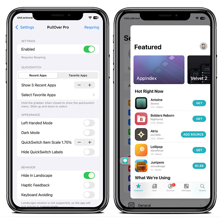 Two iPhone screens showing PullOver Pro tweak on iOS 15.