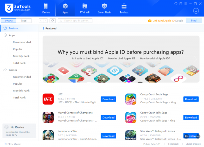 Screenshot of 3uTools for Windows opened on Apps section showing featured apps for iOS.