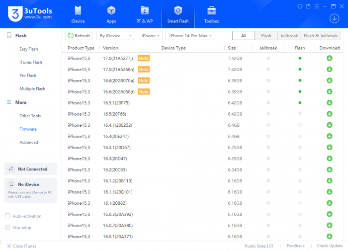 Screenshot of 3uTools Smart Flash tool displaying list of signed IPWS files redy to download for iPhone 13 Pro Max.