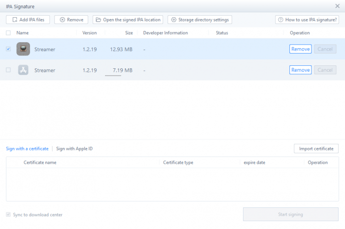 Screenshot of IPA Signature tool window from 3uTools with loaded IPA files for popular iOS apps.