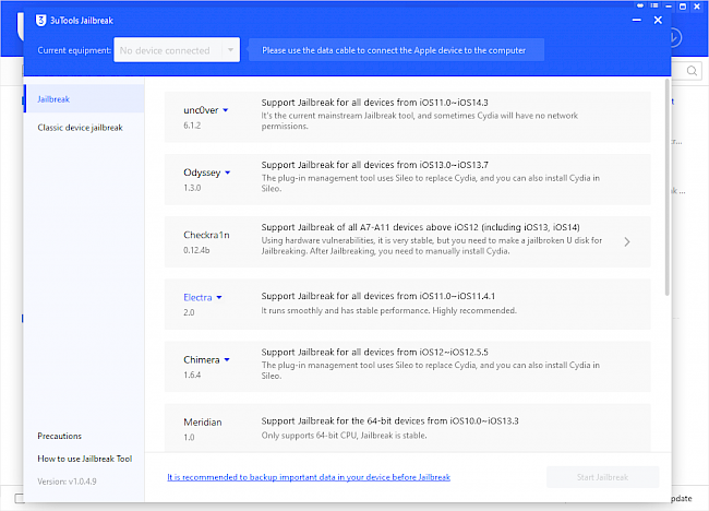 Screenshot of 3uTools Jailbreak window displaying list of popular jailbreak tool such as unc0ver, Odyssey, Checkra1n, Electra, etc.