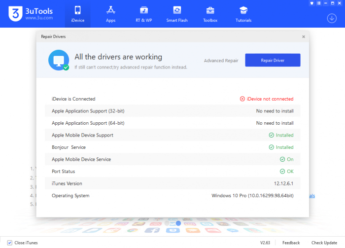 Screenshot of 3uTools Repair Drivers module including MobileDevice.dll.