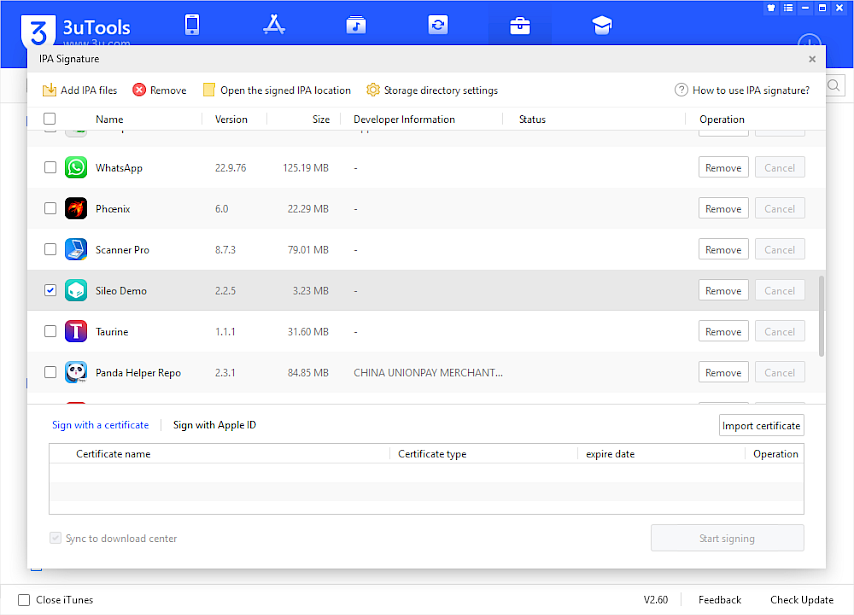 Screenshot of IPA Signature tool window from 3uTools with loaded IPA files for popular iOS apps.