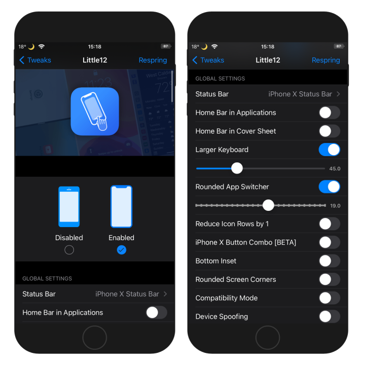 Two iPhone screens showing Little12 tweak's preference pane on iOS 14.