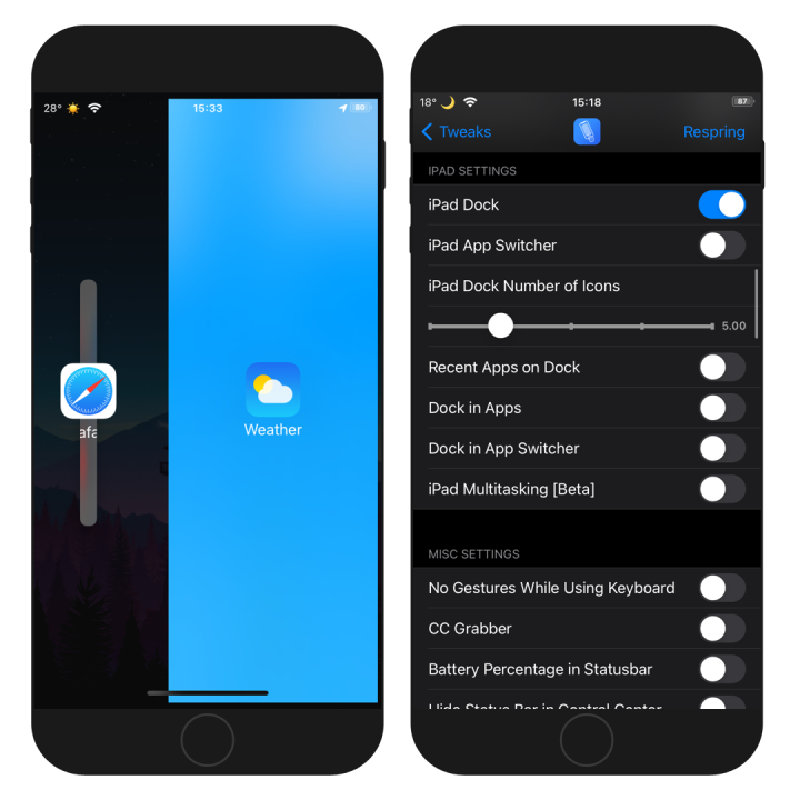 Two iPhone screens showing iPad Multitasking and Little12 Settings page.