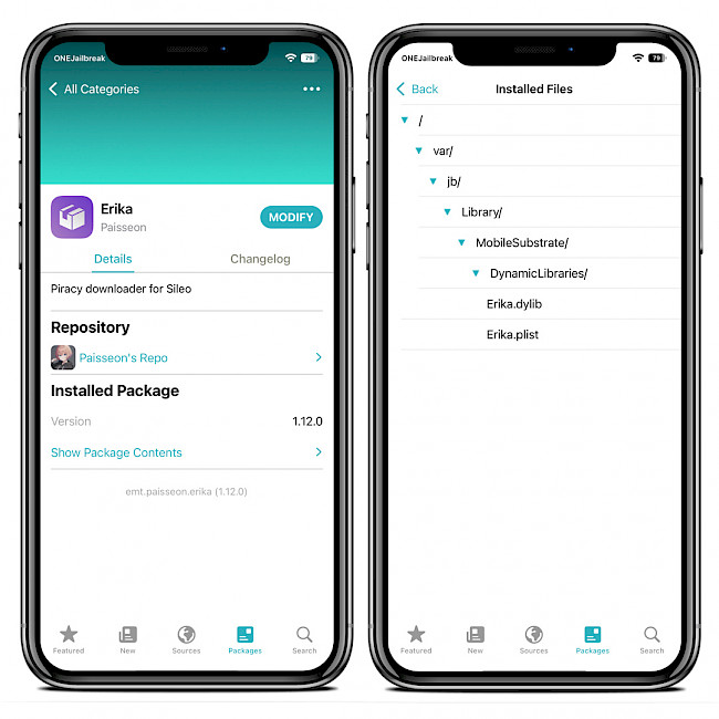 Sileo app showing Erika Repo and installed files on iOS 15.