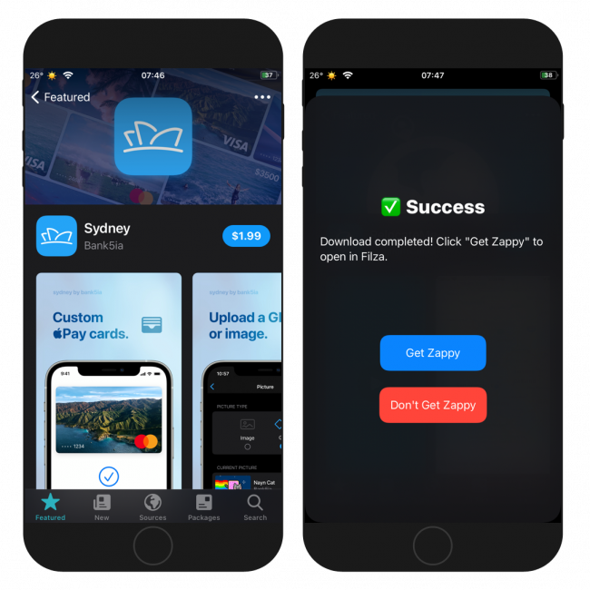 Two iPhone screens showing the download process of a tweak with Erica enabled in Sileo.