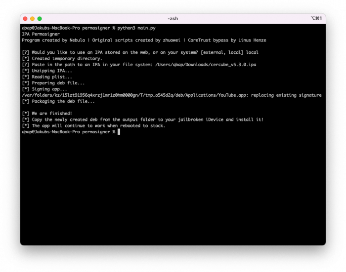 Screenshot of IPA Permasigner script ruined on macOS Terminal app.
