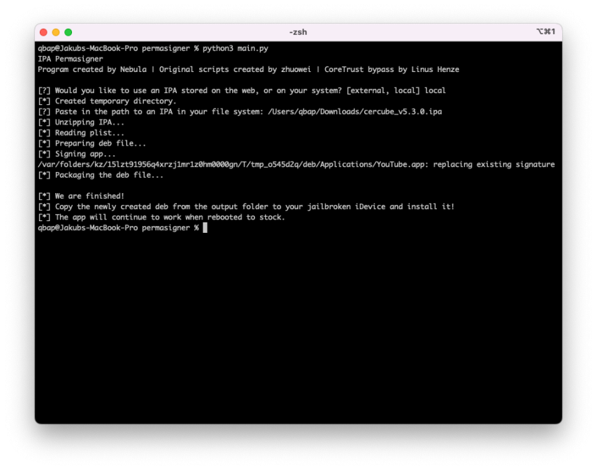 Screenshot of IPA Permasigner script ruined on macOS Terminal app.