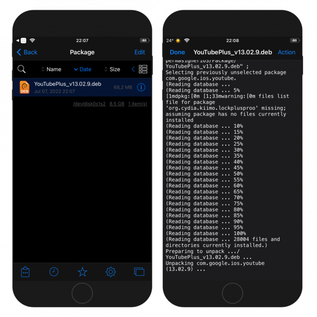 Two iPhone screens showing the installation process of DEB files on iOS 14.