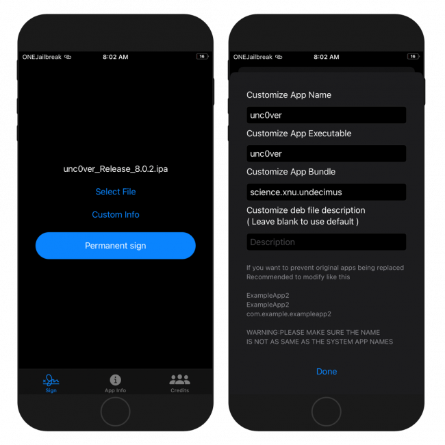 Two iPhone screens showing the PermasigneriOS app interface running on iOS 14.