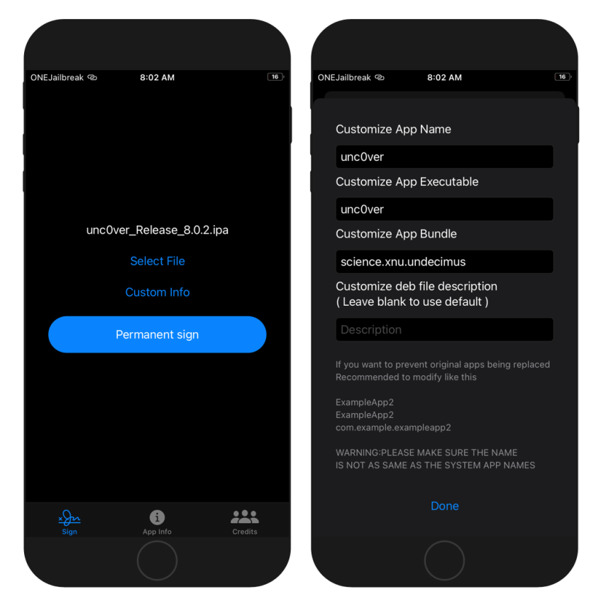Two iPhone screens showing the PermasigneriOS app interface running on iOS 14.