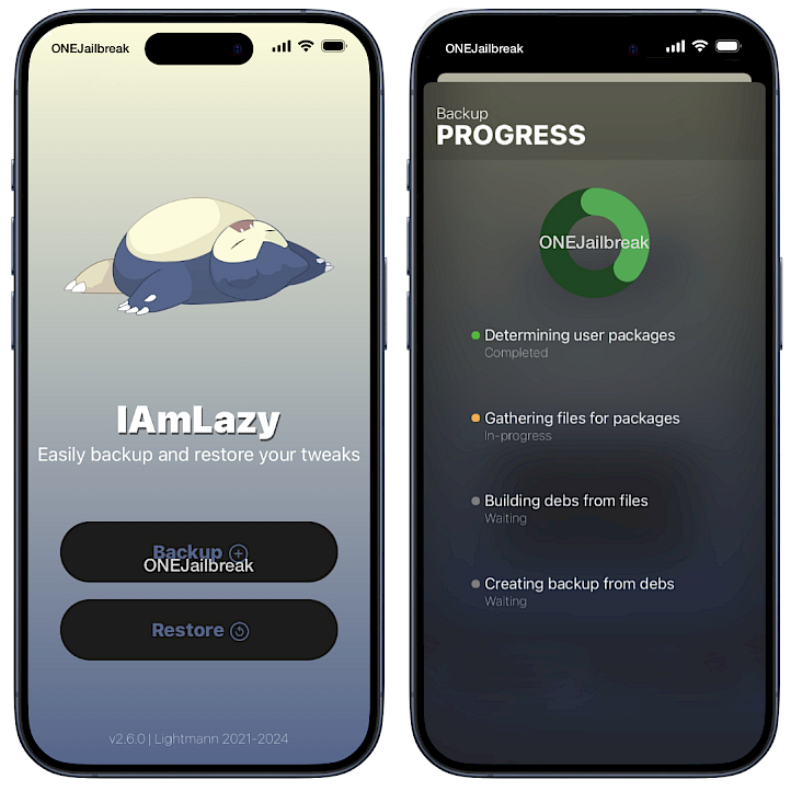 Two iPhone screens showing the IAmLazy main interface and tweak backup progress on iOS.