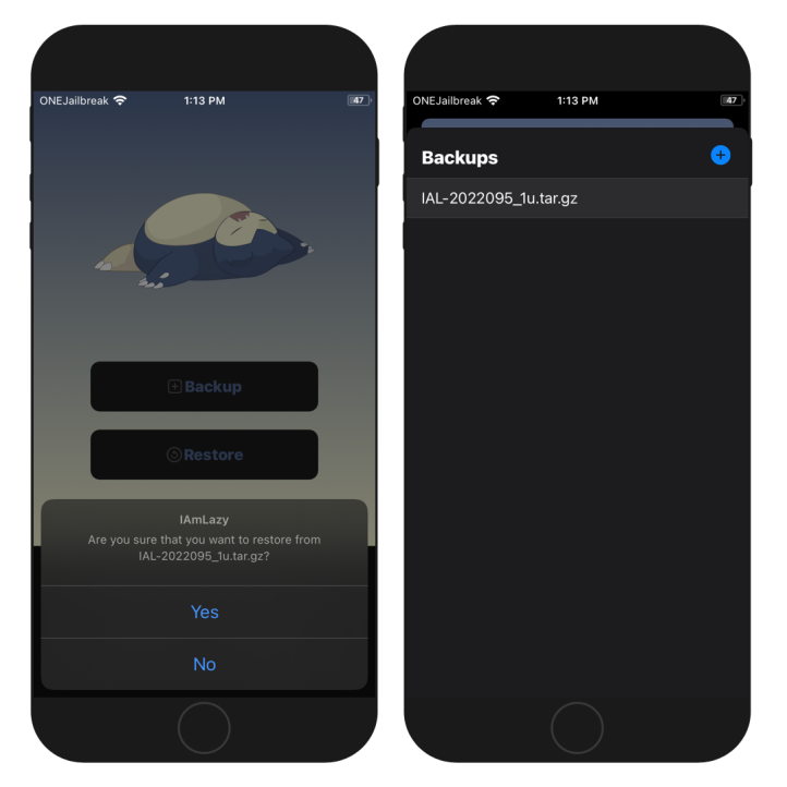 Two iPhone screens showing the IAmLazy Backups list and the option to restore tweaks.