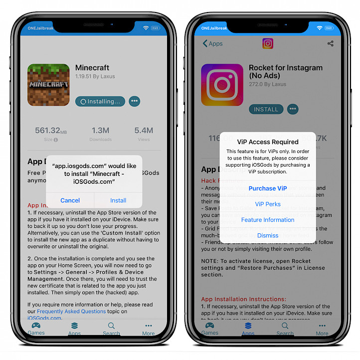 Two iPhone screens showing ViP Access on iOSGods App.