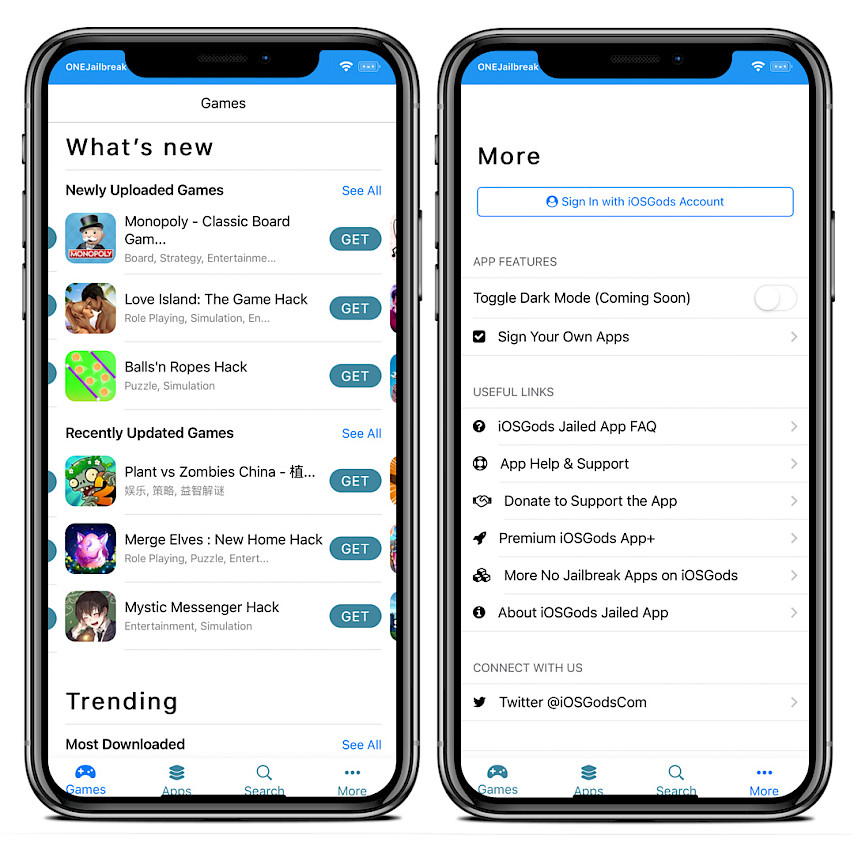 Two iPhone screens showing the iOSGods App interface and Settings.