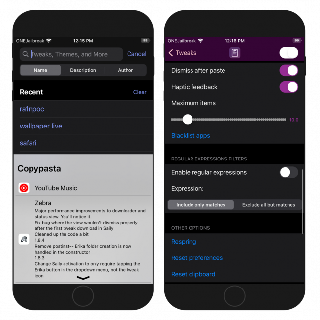 Two iPhone screens showing the Copypasta tweaks clipboard manager running on iOS.