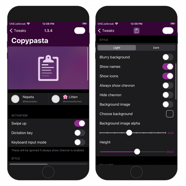 Two iPhone screens showing the Copypasta tweak preference pane in Settings app.