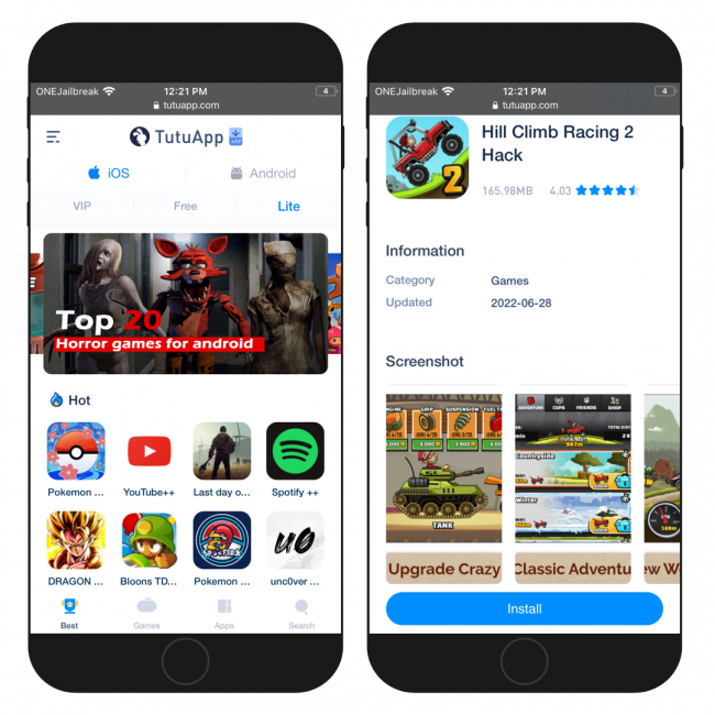 Two iPhone screens showing the TutuApp Lite interface running on iOS in Safari browser.