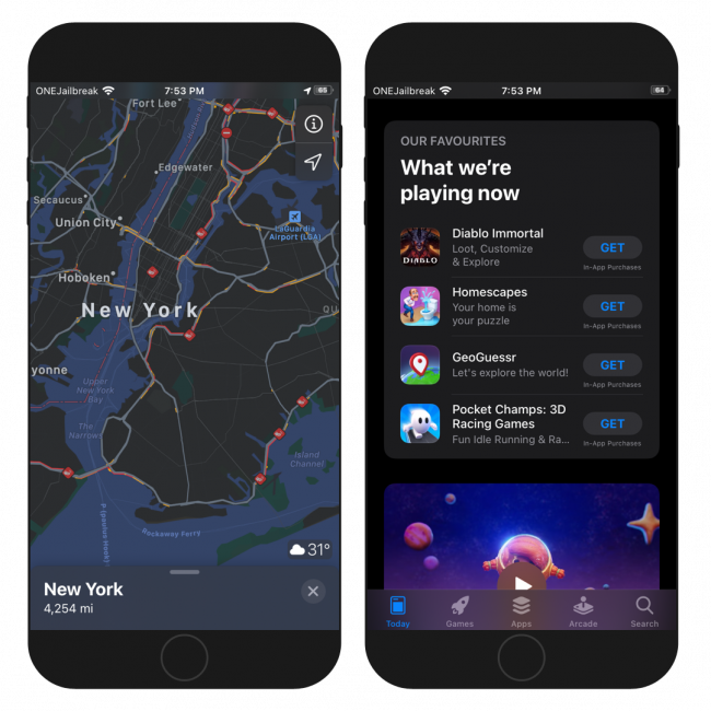 Two iPhone screens showing Dark mode enabled on iOS 12.