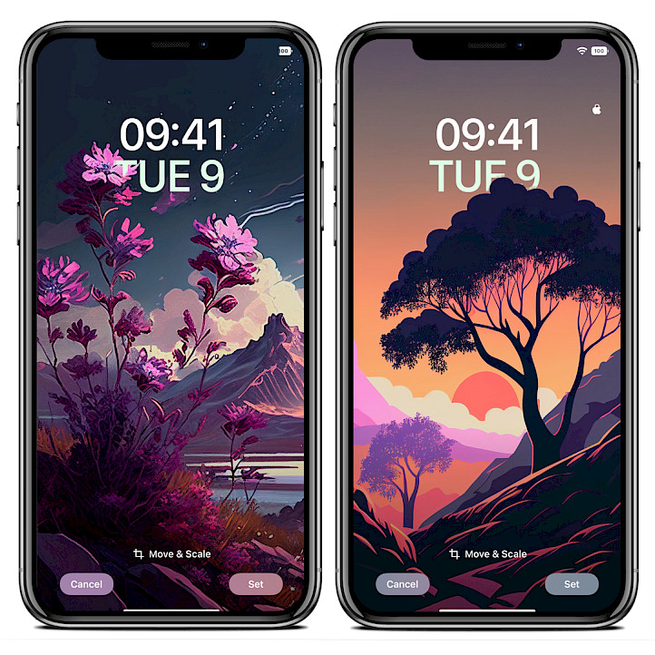 Two iPhone screens showing example wallpapers generated by Exiwall tweak on iOS 15.