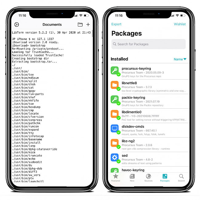 Two iPhone screens showing the LibTerm console connecting to iDownload and installing Sileo on Fugu15 Jailbreak.