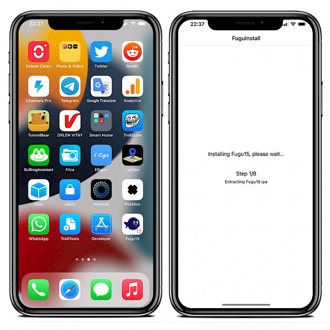 Two iPhone screens showing the FuguInstall app installing Fugu15 app on iOS 15.