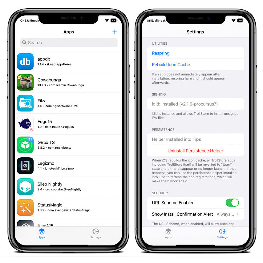 Two iPhone showing TrollStore app on iOS 15.