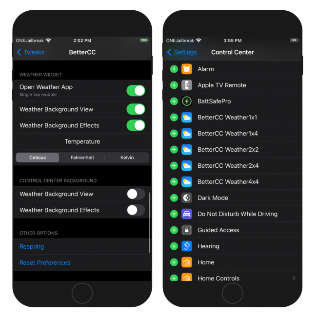 Two iPhone screenshots showing the BetterCC Settings pane and BetterCC Weather Module in Control Center.