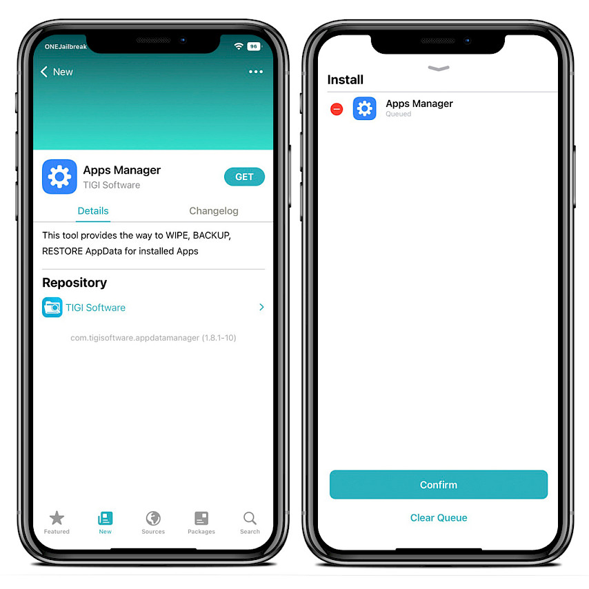 Two iPhone screens showing Apps Manager Repository.