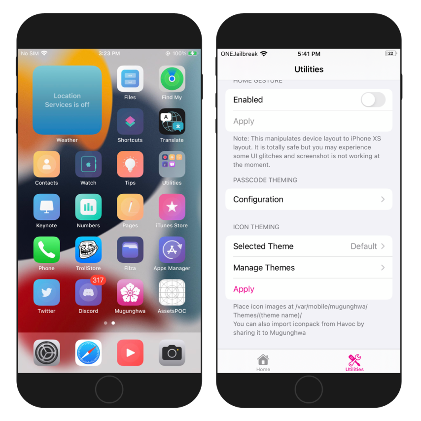 Mugunghwa Icon Theming options and applied theme on stock iOS 15