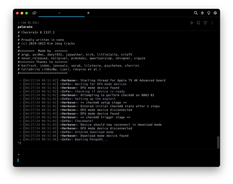 Screenshot of palera1n stoping working on Booting PongoOS.