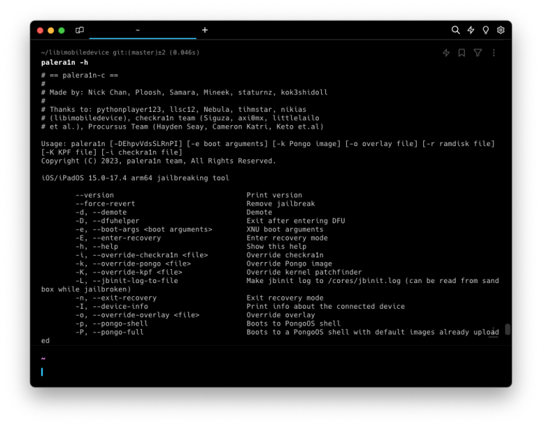 Screenshot of plaere1n jailbreak running in terminal app on macOS.