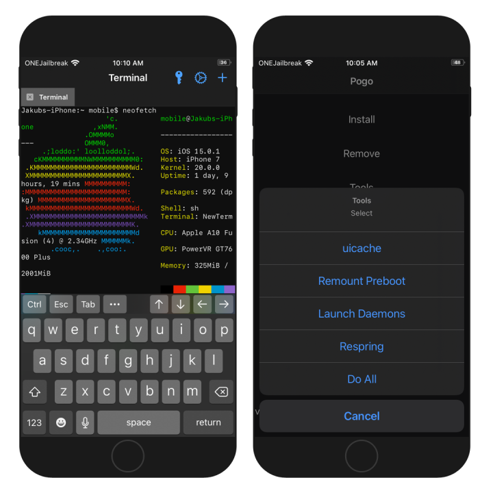 Two iPhone screens showing a terminal with a proof of iOS 15 jailbreak and the Pogo app interface.
