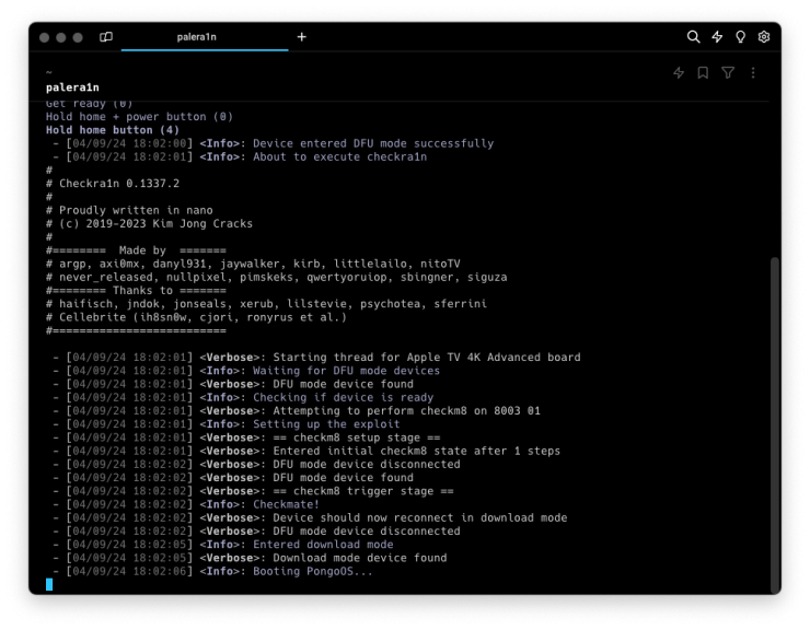 Screenshof of setting up checkm8 exploit with palera1n.