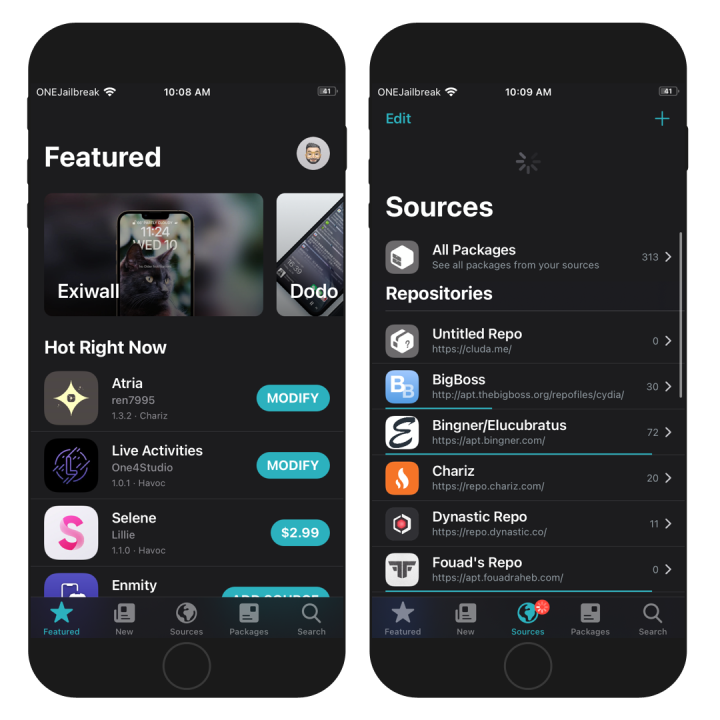 Two iPhone screens showing Sileo app running on iOS 15.4.1 and installing various packages.