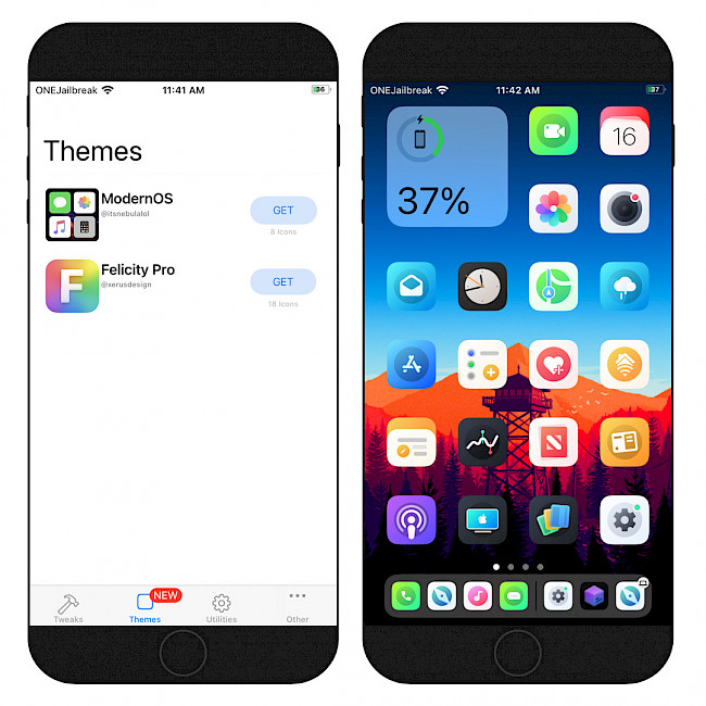Two iPhone screens showing the themes section in Jaility app and a loaded Viola theme.