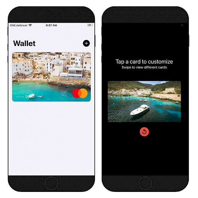 Two iPhone screens showing Cardio app and Wallet app with replaced Apple Pay card background.