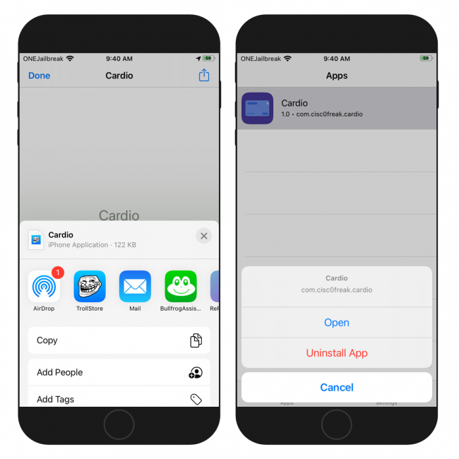 Two iPhone screens showing the installation process of Cardio IPA for TrollStore on iOS 15.