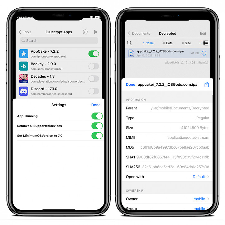 Two iPhone screens showing iGameGod IPA decrypt tool for iOS.