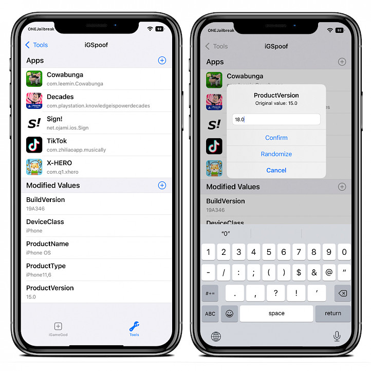 Two iPhone screens showing the iGameGod iGSSpoof tool interface and available iOS spoof options.