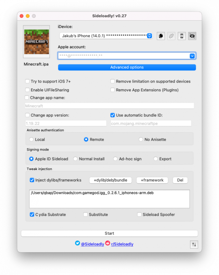 Screenshot of injecting iGameGod deb into an IPA file using Sideloadly.