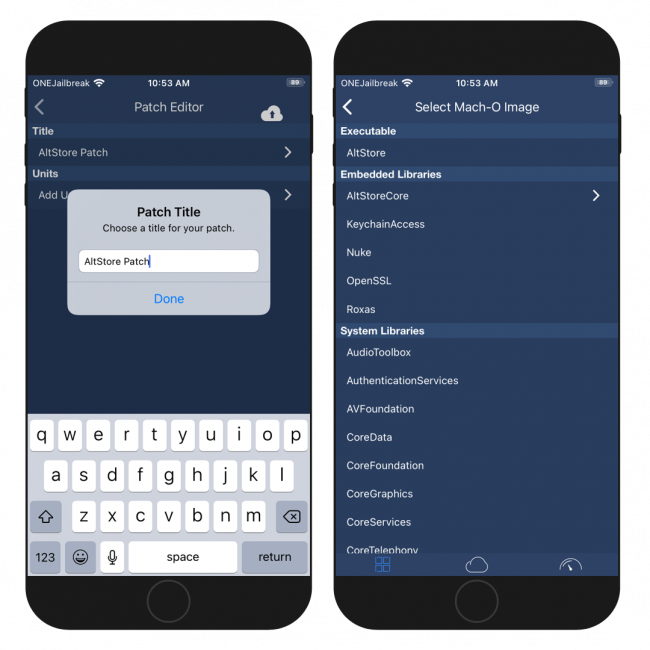 Two iPhone screens showing Flex 3 Beta for iOS 14 Patch Editor features.