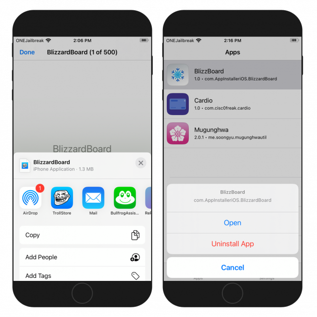 Two iPhone screens showing the installation process of BlizzardBoard IPA with TrollStore app.