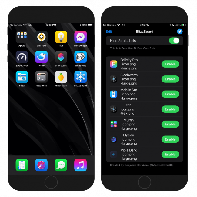 Two iPhone screens showing the BlizzBoard Beta app interface and loaded theme on iOS Home Screen.