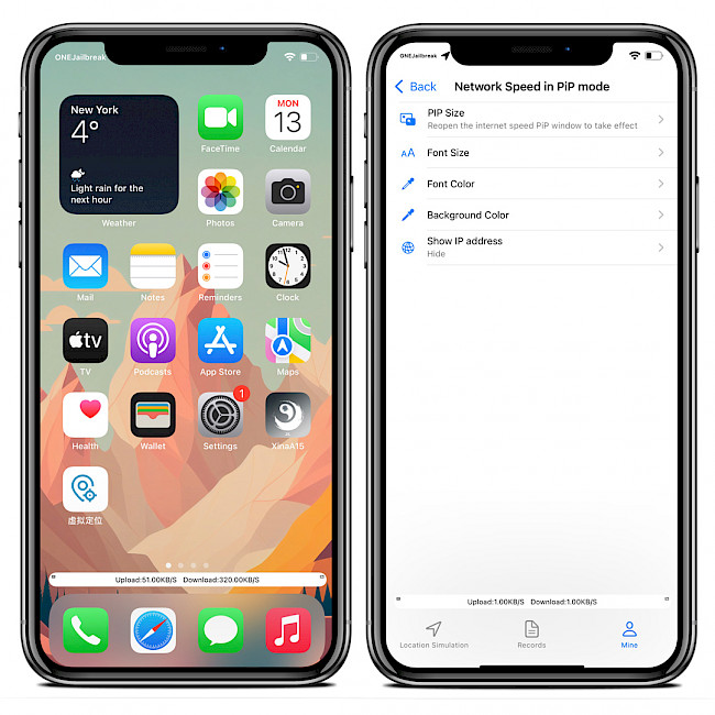 Two iPhone screens showing Network Speed in PiP mode on Home Screen and the utility Settings page.