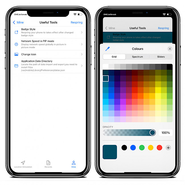 Two iPhone screens showing Location Simulation Useful Tools.