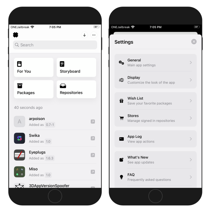 Two iPhone screens hosing PostBox package manager running on iOS 15 without jailbreak.