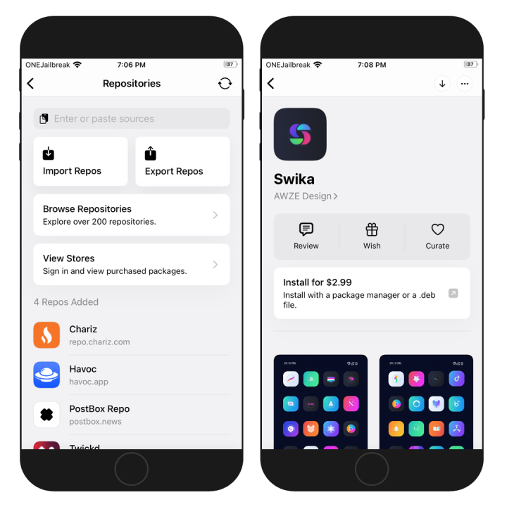 Two iPhone screens of PostBox showing Repository list and a DEB package for download.