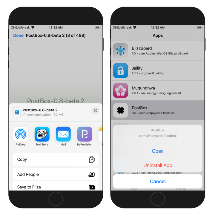 Two iPhone showing the PostBox IPA using TrollStore app on an unjailbroken device.